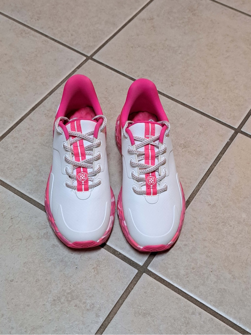 G/FORE Women's MG4+ golf shoes in the Snow/Knockout Pink Colorway - Picture 4 of 11